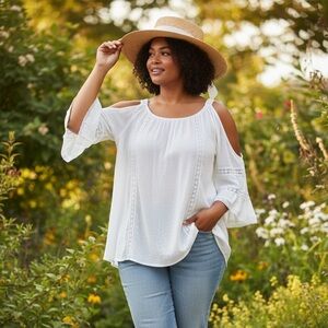 #111 Molly Bracken White cold shoulder with Ruffle Sleeve Blouse